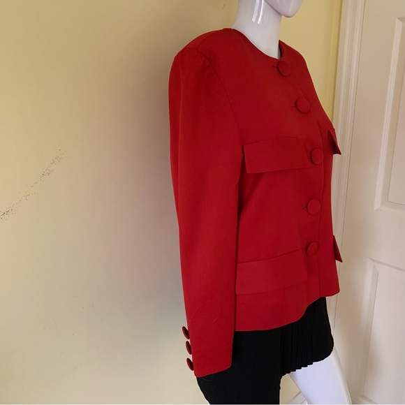 Bright red custom tailored classic chique blazer jacket collarless button-down L - Picture 3 of 13